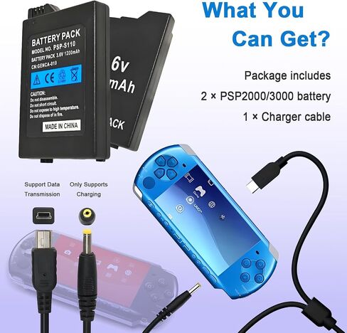 for Sony PSP 2000 3000 Battery: 2PCS 3.6V 1200mAh PSP-S110 Replacement Battery Pack Compatible with Sony Playstation PSP 2000/3000 2001 3001 Slim Lite S110 Game Console with USB Charger Cable in Kuwait