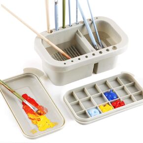 Multi-Use Paint Brush Basin with Brushes Holder,Washer,Trays,Palette Box-Artist Cleaner Cup for Watercolor Oil Acrylic Gouache Painting with Lid