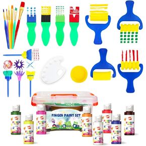 Early Learning Kids Paint Set Washable Finger Paint with Assorted Painting Brushes Sponges Portable Case for Kids Toddlers Drawing Gifts Age 3+