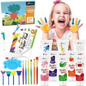 27PCS Kids Washable Finger Paint Set, Non Toxic Finger Paints 8 Colors, Finger Paint Paper, Brushes, Sponges, Art Painting Supplies for Toddlers,Finger Painting Supplies for Kids Boys Girls Gifts