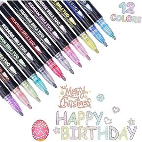 PCTC Double Line Metallic Markers | 12 Colors Self Outline Metallic Markers | Shimmer Markers | Glitter Pens for Doodling, Birthday Greeting, Drawing, Christmas, DIY Art Crafts,Gifts for Kids School