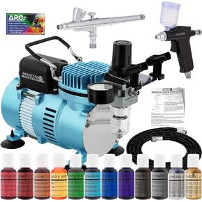 Super Deluxe 2 Airbrush Master Airbrush Cake Decorating Airbrushing System Kit with Set of 12 Chefmaster Food Colors, Gravity Feed Airbrushes, Air Compressor - Decorate Cakes Cupcakes Cookies Desserts
