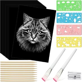 Noveread 50 Sheet Scratch Paper Art Set 8.5 x 11 Inch Black Coated Scratchboard Black Scratch Paper with Wooden Stylus and Stencils DIY Painting Art for Adults