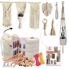 130 Pcs Macrame Kit for Beginners-219 Yards(657 Feet-3mm) 7 Easy Macrame DIY Projects Book-Starter Kit Has Dowel,Beads,Rings,Keychains,Bag(Gift) - Perfect Macrame Starter Kits in Saudi Arabia