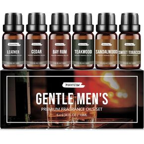 Fragrance Oil Gentlemen's Set, Scented Oil for Candle Scents for Candle Making, Soap Making Scents, Diffuser Oils Scents | Leather, Sweet Tobacco, Teakwood, Bay Rum, Cedar, Sandalwood (6*10ML)