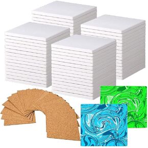 Strong Packaging! 60 PCS Square Unglazed Ceramic Tiles for Crafts Coasters with 60 PCS 2mm Self Adhesive Cork Squares,White Tiles 4x4 for Crafts Ceramic