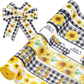 Whaline 36 Yard Sunflower Wired Edge Ribbon 6 Roll 2.5 Inch Buffalo Plaids Flower Fabric Ribbon Spring Summer Floral Decorative Craft Ribbon for Gift Wrapping Decor Hair Bow Sewing Wreath Crafts