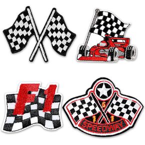 4 Pcs Checkered Racing Flag Patches，Classic Black & White F1 Racing Flag Iron On Patches for Bags Hat Arts Craft Sew