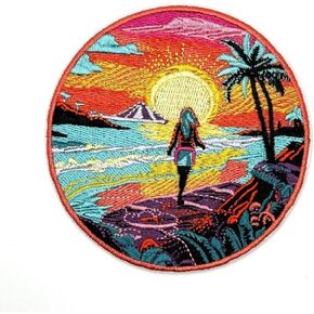 3.5" Beach Palm Surfing Summer Hawaii - Embroidered Iron On/Sew On Patch Patches - Tropical Travel Adventurer Retro Ocean Aesthetic Nice Cool Cute Kids - Iron On Patch/Patches Applique/Appliques