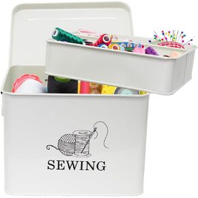 Industrial White 2-Tier Sewing Box, 9.2" x 7.2" x 7" - Sewing Supplies Organizer with Removable Tray & Reinforced Handles