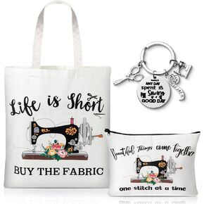 3Pcs Sewing Tote Bag Canvas Bag with Keychain, Funny Quilting Sewing Gifts for Seamstress Women Sewing Lovers Mom, Sewing Cosmetic Bag Organizer Makeup Pouch Sew Machine Themed Mother’s Day Gift