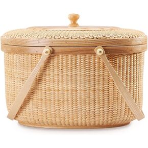 Nantucket Sewing Basket Purse, Containers with Dual Wood Handles .Cane-on-cane weave cane basket craft basket, with lid basket with handle