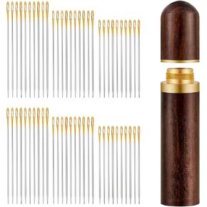 (60 Gold Needles) Easy Self-Threading Needles Kit for Hand Held Sewing, Large Eye Pre-Threaded Threader, Holder Storage Device for Embroidery Quilting Crochet Hair Notions, Supplies (1 Darkwood Case)
