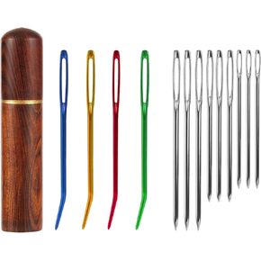 13pcs Large Eye Sewing Needles Kit, Stainless Steel Large-Eye Blunt Needles & Bent Tapestry Needles Sharp Hand Knitting Needles with Wooden Needle Case for Crochet/Darning/Yarn/Embroidery Projects