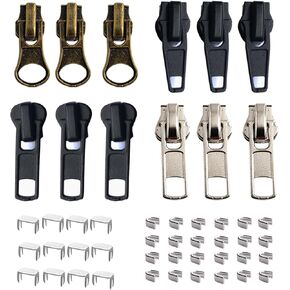 Zipper Repair Kit 12 Pcs Sliders with Pulls for # 5 Metal Plastic Nylon Zippers in 3 Colors Top Bottom Stops Replacement Zip for Jacket Backpack Home Decorations.