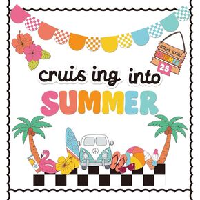78Pcs Retro Summer Beach Bulletin Board Decor Set Groovy Hawaii Beach Paper Cutouts with 100Pcs Glue Points Summer Tropical Cut-Outs for School Classroom Home Party Supplies
