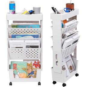 AGTEK 5 Tier Trolley عربة كتب متدحرجة؟ رف كتب متنقل، برج منظم تخزين منزلق، وحدة رفوف متنقلة ضيقة، أرفف كتب منظمة للمكتب، النوم، الفصول الدراسية، الحضانة، وردي in Kuwait
