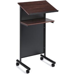 Audio-Visual Direct Wheeled Lectern Podium - Standing Desk with Storage Shelf - Cherry/Black - Ideal for Presentations and Laptop Use