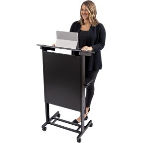 Stand Up Desk Store Mobile Adjustable Height Rolling Lectern Podium with Heavy Duty Steel Frame (Black Frame/Black Shelves, 25.5" Wide)