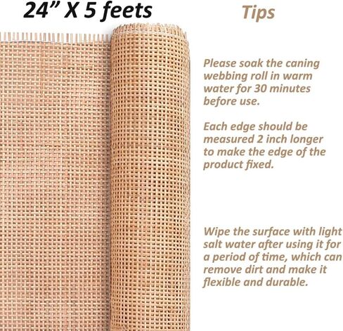 24" Rattan Cane Webbing 5Feet, Natural Rattan Roll Cane Webbing Roll, Caning Material, Cane Webbing Sheet, Woven Open Mesh Cane Fabric for Caning DIY Projects, Furniture, Chair, Cabinet in Saudi Arabia