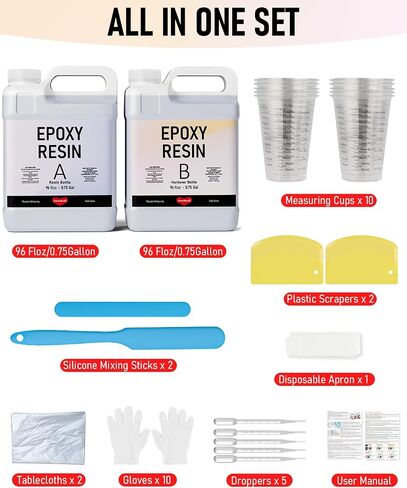 Smallbudi 2 Gallon Epoxy Resin Kit with Cups, Silicone Sticks & Gloves, Crystal Clear Resin Beginner Supplies for Coating and Casting, Molds, Jewelry Making, Wood Table, DIY Art Craft, 1:1 Ratio in Saudi Arabia