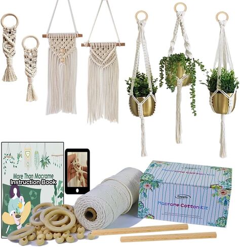 مجموعات Ewparts Easy Macrame للبالغين المبتدئين المورد الخرز الخشبي، الخواتم، وتد خشبي لشماعات نبات Macrame، جدار Macrame معلق مع تعليمات للمبتدئين Macrame in Kuwait