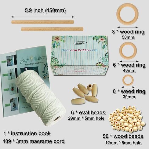 مجموعات Ewparts Easy Macrame للبالغين المبتدئين المورد الخرز الخشبي، الخواتم، وتد خشبي لشماعات نبات Macrame، جدار Macrame معلق مع تعليمات للمبتدئين Macrame in Kuwait