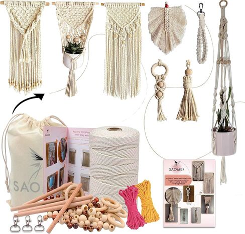 130 Pcs Macrame Kit for Beginners-219 Yards(657 Feet-3mm) 7 Easy Macrame DIY Projects Book-Starter Kit Has Dowel,Beads,Rings,Keychains,Bag(Gift) - Perfect Macrame Starter Kits in Saudi Arabia