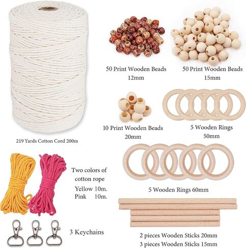 130 Pcs Macrame Kit for Beginners-219 Yards(657 Feet-3mm) 7 Easy Macrame DIY Projects Book-Starter Kit Has Dowel,Beads,Rings,Keychains,Bag(Gift) - Perfect Macrame Starter Kits in Saudi Arabia