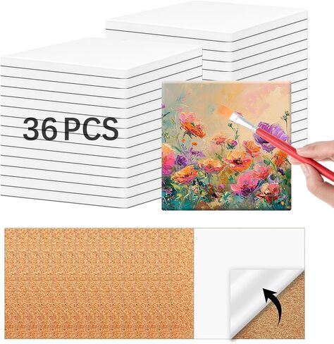 24 PCS Ceramic Tiles for Crafts 4x4 inches and self-Adhesive Cork mat ，unglazed Ceramic Coasters for Crafts,Use with Alcohol Ink or Acrylic Pouring Make Your Own DIY Coasters in Saudi Arabia