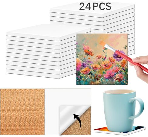 24 PCS Ceramic Tiles for Crafts 4x4 inches and self-Adhesive Cork mat ，unglazed Ceramic Coasters for Crafts,Use with Alcohol Ink or Acrylic Pouring Make Your Own DIY Coasters in Saudi Arabia