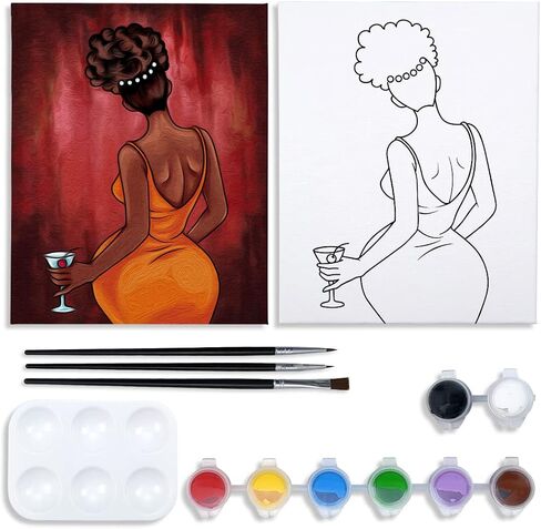 مجموعة لوحات قماشية من VOCHIC مرسومة مسبقًا للرسم للبالغين، مجموعات حفلات الطلاء ومستلزمات حفلات الرشفة 8 × 10 قماش لطلاء 8 ألوان أكريليك، 3 فرشاة، 1 مجموعة فنية للفتيات الأنيقة in Saudi Arabia