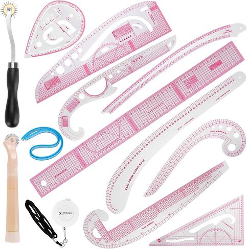 13PCS Styling Sewing French Curve Ruler Set, Dress Makers Ruler Clear Sewing Tailors Pattern Making Ruler for Fashion Design and Guides for Fabric (English Language Mark on Rulers) in Saudi Arabia