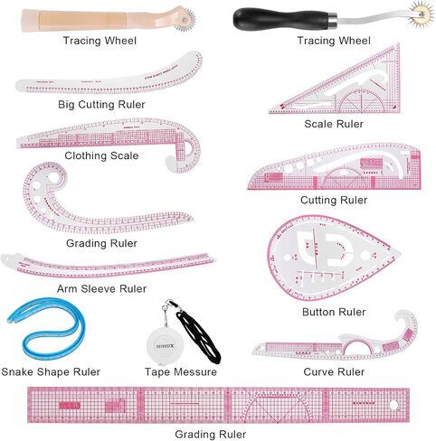 13PCS Styling Sewing French Curve Ruler Set, Dress Makers Ruler Clear Sewing Tailors Pattern Making Ruler for Fashion Design and Guides for Fabric (English Language Mark on Rulers) in Saudi Arabia