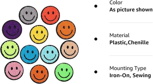 12 Pcs Smile Face Patch Iron On Patches Happy Face Chenille Patches for Clothes Dress Jackets Smile Patches for Hats Cute Embroidery DIY Project Craft Applique, 2.2 Inch(Towel Cloth Style) in Saudi Arabia