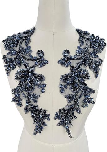 Handmade Shining Rhinestones lace Applique Patches Sewing Beads Sequins Stone Trim Accessories for Wedding Dress one Pair/Bag (Silver) in Saudi Arabia