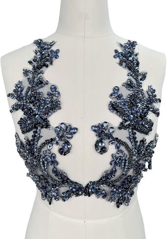 Handmade Shining Rhinestones lace Applique Patches Sewing Beads Sequins Stone Trim Accessories for Wedding Dress one Pair/Bag (Silver) in Saudi Arabia