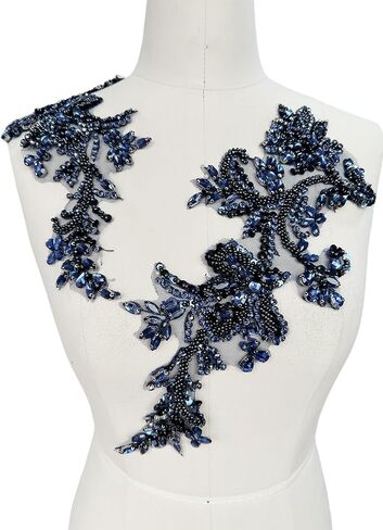 Handmade Shining Rhinestones lace Applique Patches Sewing Beads Sequins Stone Trim Accessories for Wedding Dress one Pair/Bag (Silver) in Saudi Arabia