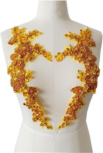 Handmade Rhinestones lace Trim Patches handsewing Beads Applique for Dress One Pair DIY Accessories (Silver) in Kuwait
