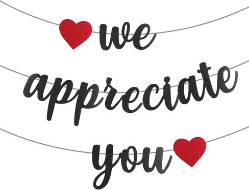 نحن نقدر لك لافتة، 9.8ft خلفية التقدير بريق مع القلب الأحمر شكرا لك الرايات ورقة معلقة زينة التقدير للطبيب ممرضة المعلم القس الموظفين الموظفين (أسود) in Kuwait