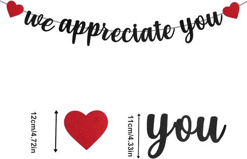 نحن نقدر لك لافتة، 9.8ft خلفية التقدير بريق مع القلب الأحمر شكرا لك الرايات ورقة معلقة زينة التقدير للطبيب ممرضة المعلم القس الموظفين الموظفين (أسود) in Kuwait