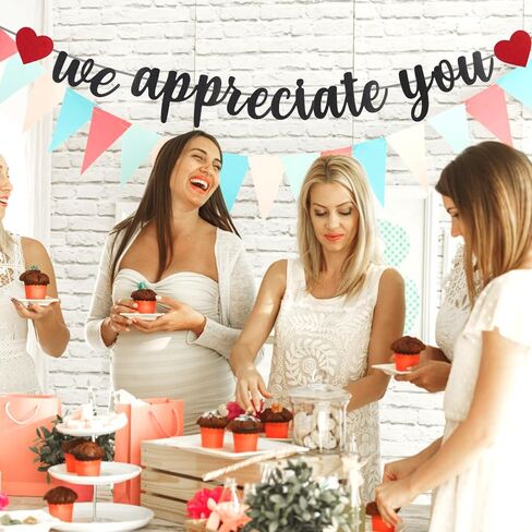 نحن نقدر لك لافتة، 9.8ft خلفية التقدير بريق مع القلب الأحمر شكرا لك الرايات ورقة معلقة زينة التقدير للطبيب ممرضة المعلم القس الموظفين الموظفين (أسود) in Kuwait