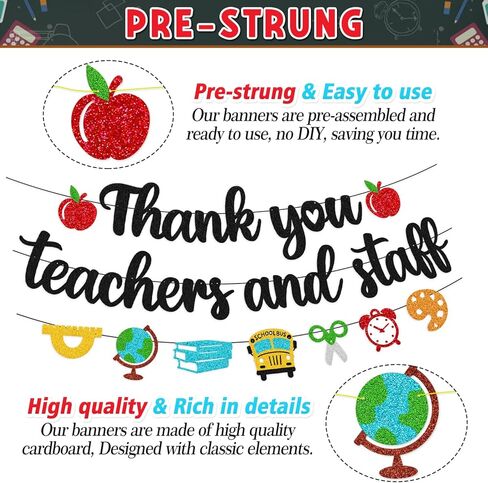 Thank You Teacher and Staff Banner National Teacher Appreciation Week Decoration We Love Our Teacher Decor Thanks for All You Do Backdrop Gold Glitter Supplies in Kuwait