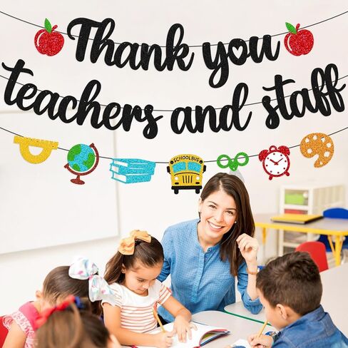 Thank You Teacher and Staff Banner National Teacher Appreciation Week Decoration We Love Our Teacher Decor Thanks for All You Do Backdrop Gold Glitter Supplies in Kuwait