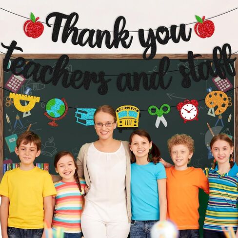 Thank You Teacher and Staff Banner National Teacher Appreciation Week Decoration We Love Our Teacher Decor Thanks for All You Do Backdrop Gold Glitter Supplies in Kuwait