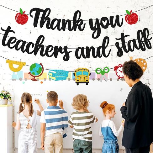 Thank You Teacher and Staff Banner National Teacher Appreciation Week Decoration We Love Our Teacher Decor Thanks for All You Do Backdrop Gold Glitter Supplies in Kuwait