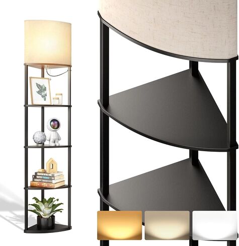addlon Corner Lamps 5-Tier Shelf Floor Lamp Display with 3 Color Temperatures LED Bulb and Linen Lamp Shade, Shelves for Living Room, Bedroom and Office - Vintage in Saudi Arabia