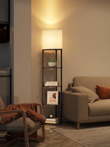 addlon Corner Lamps 5-Tier Shelf Floor Lamp Display with 3 Color Temperatures LED Bulb and Linen Lamp Shade, Shelves for Living Room, Bedroom and Office - Vintage in Saudi Arabia