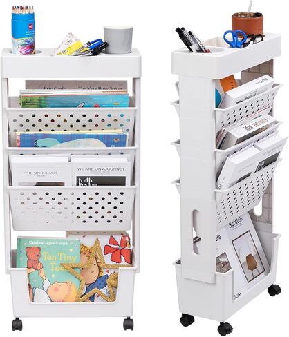 AGTEK 5 Tier Trolley عربة كتب متدحرجة؟ رف كتب متنقل، برج منظم تخزين منزلق، وحدة رفوف متنقلة ضيقة، أرفف كتب منظمة للمكتب، النوم، الفصول الدراسية، الحضانة، وردي in Kuwait