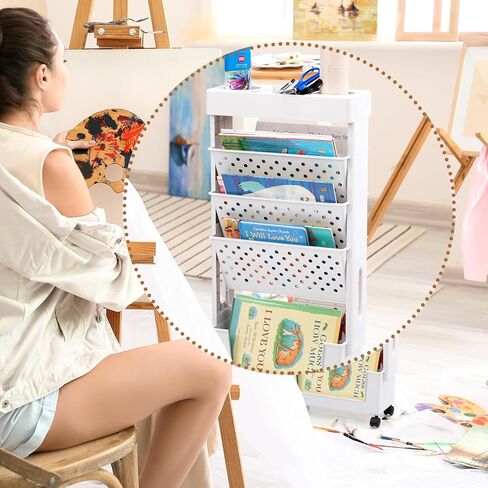 AGTEK 5 Tier Trolley عربة كتب متدحرجة؟ رف كتب متنقل، برج منظم تخزين منزلق، وحدة رفوف متنقلة ضيقة، أرفف كتب منظمة للمكتب، النوم، الفصول الدراسية، الحضانة، وردي in Kuwait